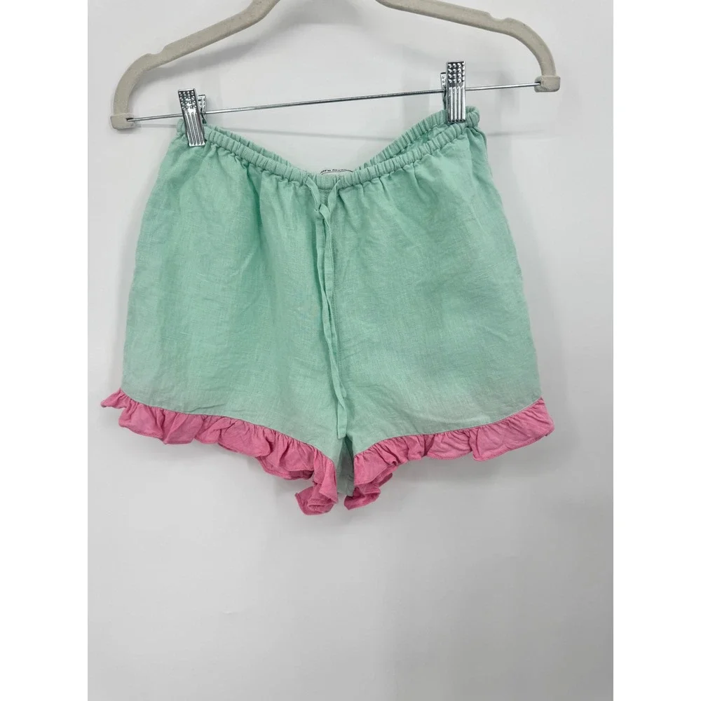 Dora Larsen Ruffle Shorts Women US 4 Mint Green Pink Linen Loungewear